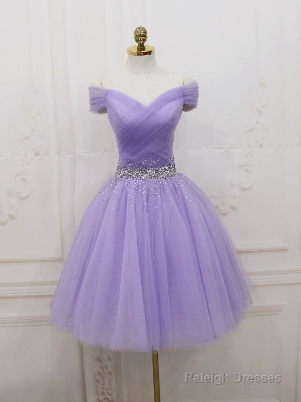 Purple  Tulle Off Shoulder Sequin Short Prom Dress Purple Homecoming Dress