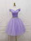 Purple  Tulle Off Shoulder Sequin Short Prom Dress Purple Homecoming Dress