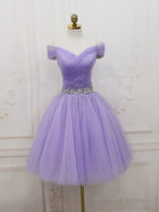 Purple Tulle Off Shoulder Sequin Short Prom Dresses Purple Homecoming Dresses