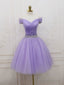 Purple Tulle Off Shoulder Sequin Short Prom Dresses Purple Homecoming Dresses
