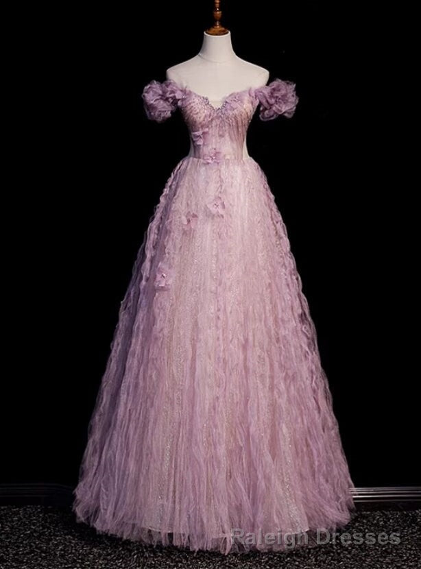 Purple Tulle Off the Shoulder Beading Flower Prom Dress Main image