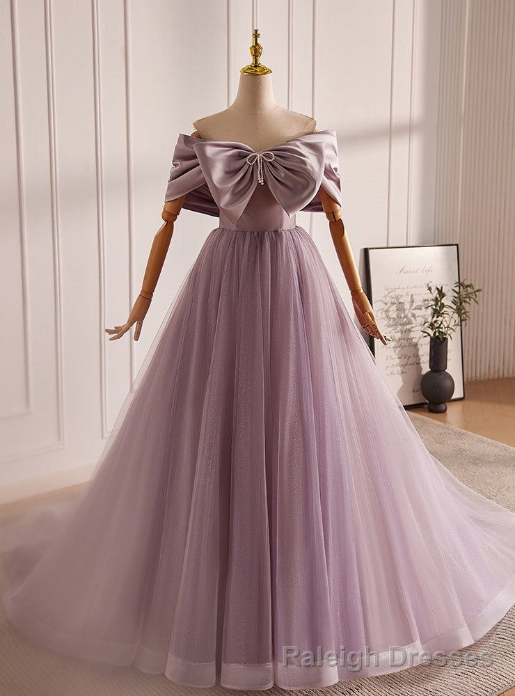 Purple Tulle Off the Shoulder Bow Prom Dress Main image