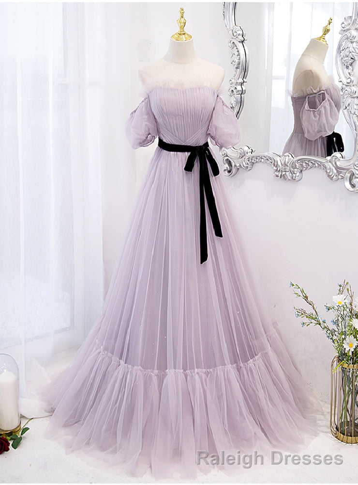 Purple Tulle Off the Shoulder Puff Sleeve Pleats Prom Dress Main image