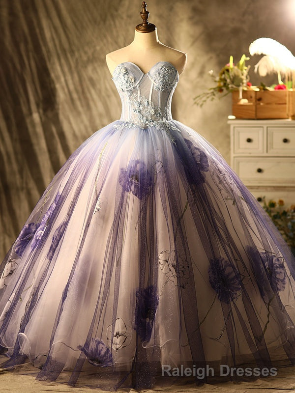 Purple Tulle Print Appliques Beading Quinceanera Dress Main image