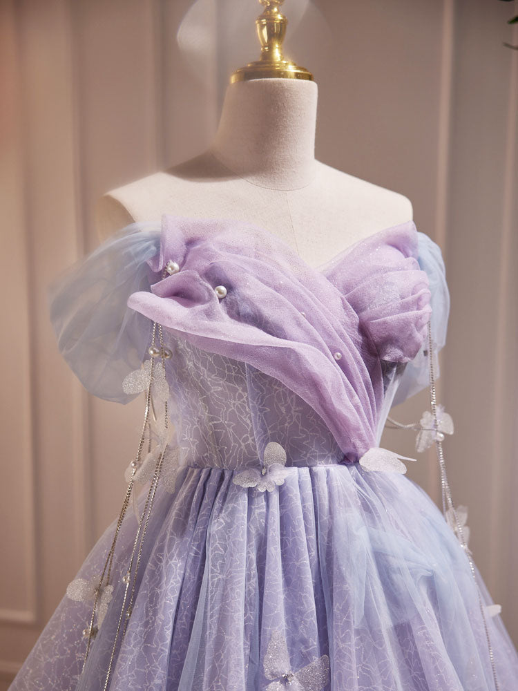 Purple Tulle Puffy Short Formal Prom Dress, Cute Purple Homecoming Dress