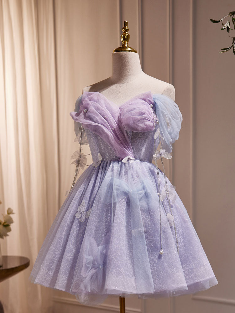 Purple Tulle Puffy Short Formal Prom Dress, Cute Purple Homecoming Dress