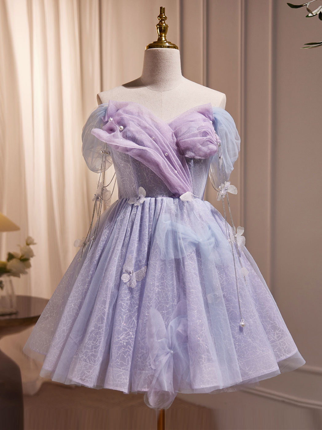 Purple Tulle Puffy Short Formal Prom Dress, Cute Purple Homecoming Dress