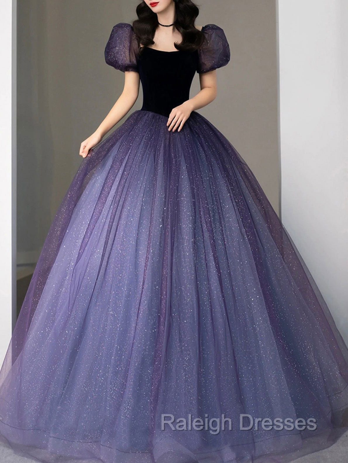 Purple Tulle Sequin Long Prom Dress, Purple Evening Dress