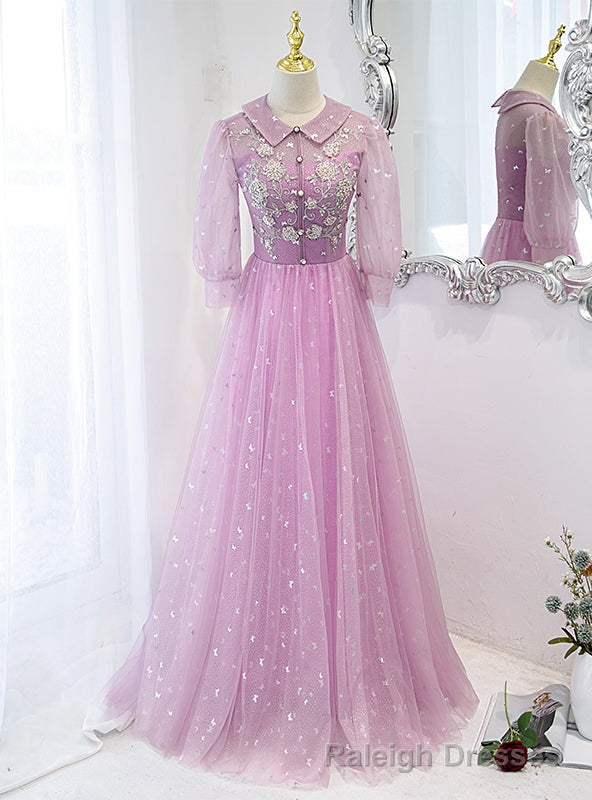 Purple Tulle Sequins Beading Short Sleeve Prom Dress Main image
