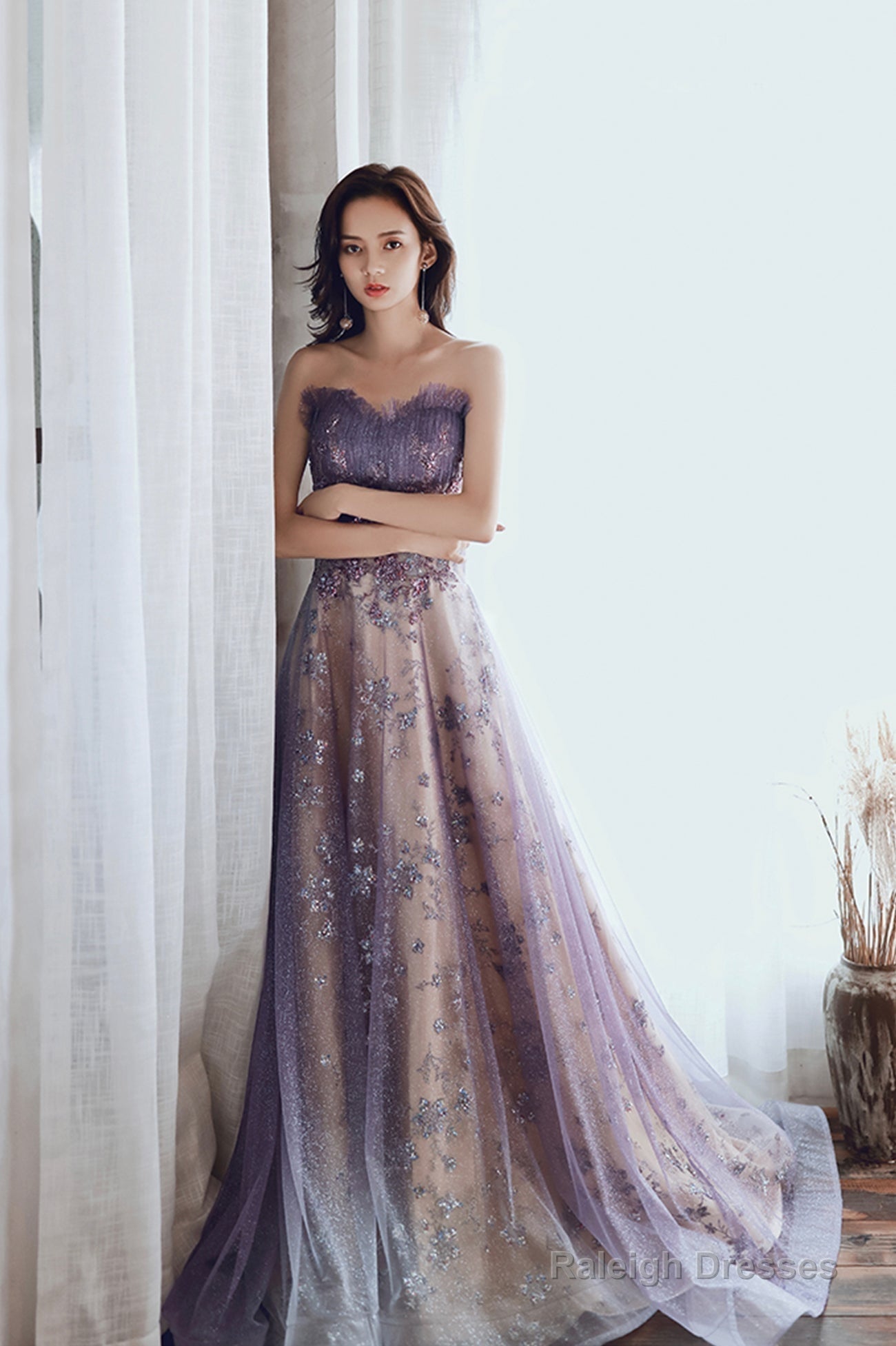 Purple Tulle Sequins Long Prom Dress, A-Line Strapless Evening Party Dress Secondary image