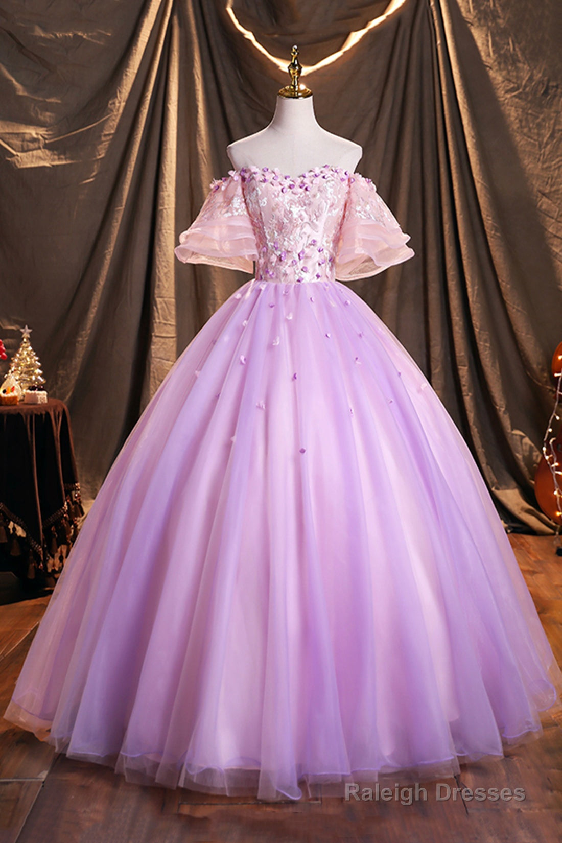 Purple Tulle Sequins Long Prom Dress, Beautiful Off The Shoulder Evening Party Dress Main image