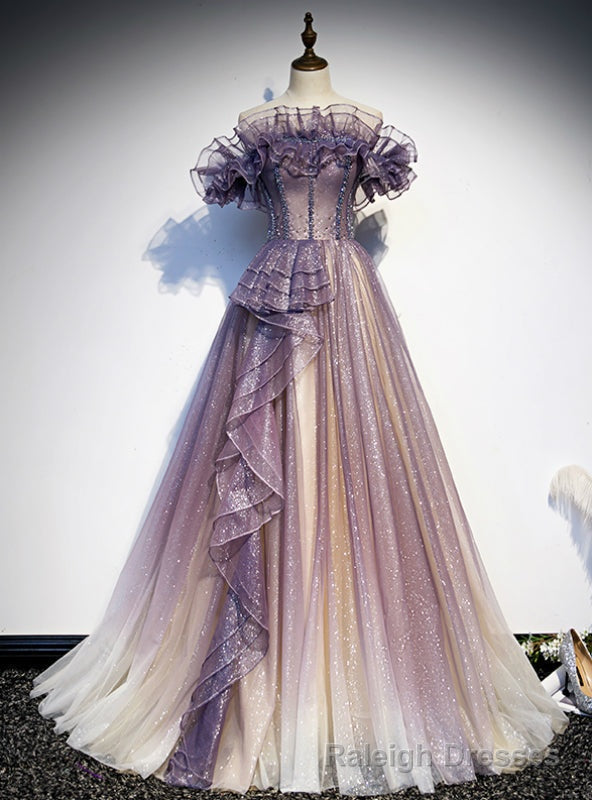 Purple Tulle Sequins Off the Sholuder Beading Prom Dress Main image
