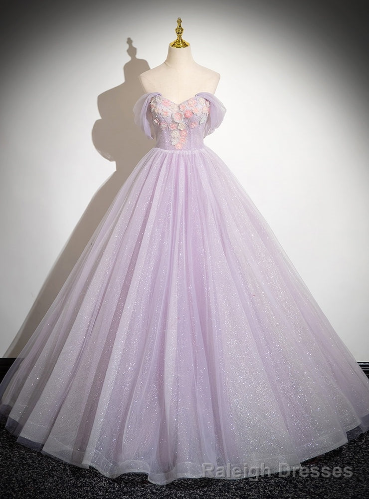 Purple Tulle Sequins Off the Shoulder Flower Prom Dress Main image