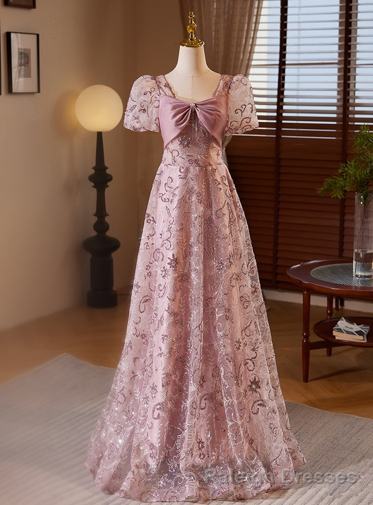 Purple Tulle Sequins Puff Sleeve Prom Dress Main image