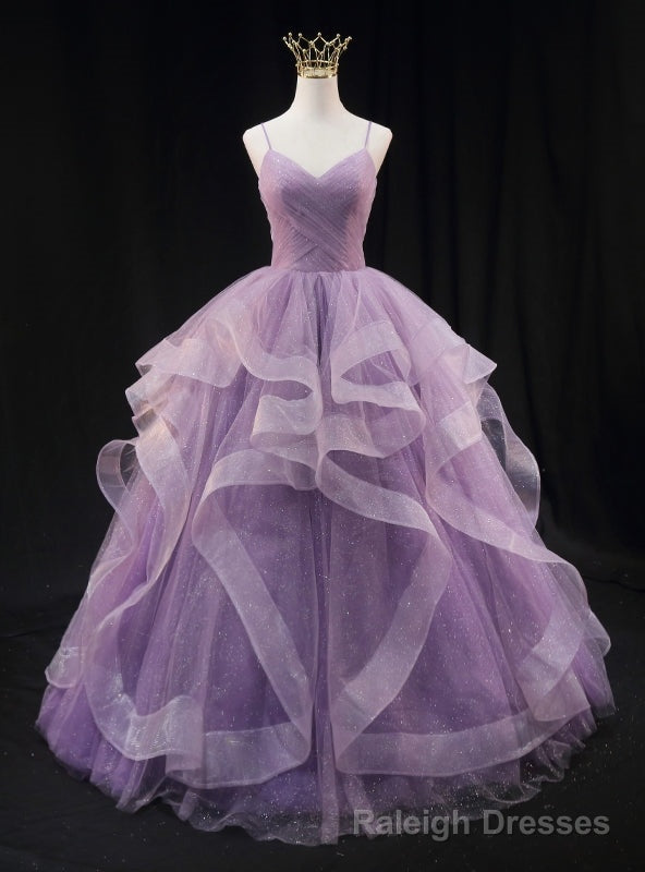 Purple Tulle Sequins Spaghetti Straps Pleats Prom Dress