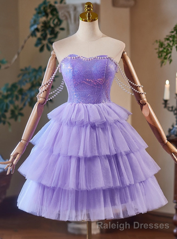 Purple Tulle Sequins Tiers Pearls Homecoming Dress Main image