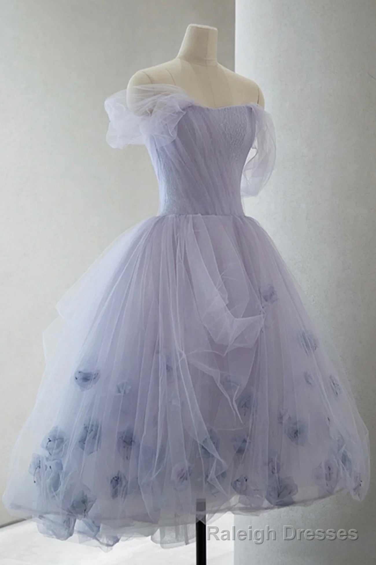 Purple Tulle Short A Line Prom Dress, Cute Off the Shoulder Prom Dress