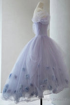 Purple Tulle Short A Line Prom Dress, Cute Off the Shoulder Prom Dress