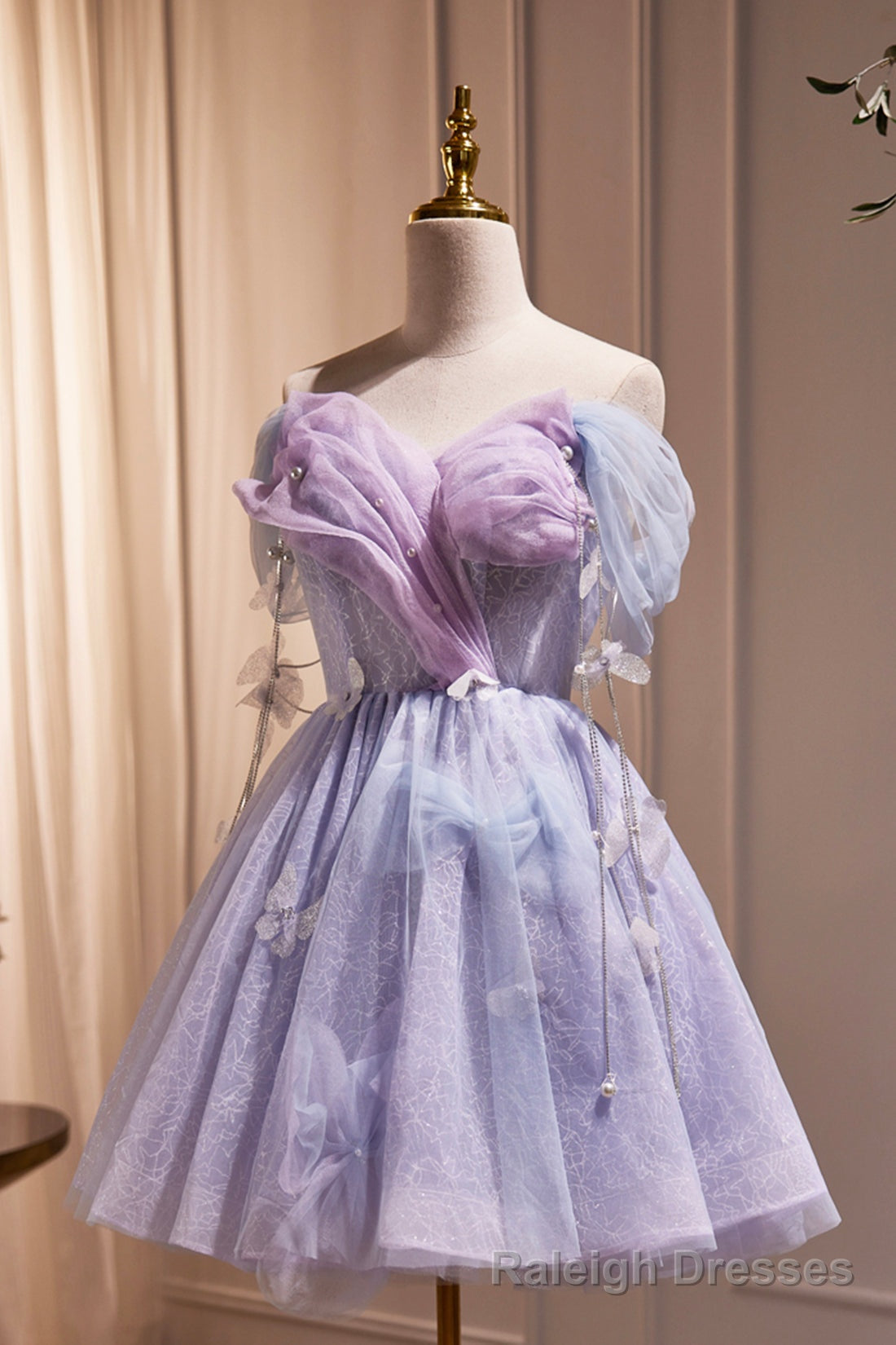 Purple Tulle Short Prom Dress, Cute A Line Off Shoulder Prom Dress Main image