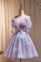 Purple Tulle Short Prom Dress, Cute A Line Off Shoulder Prom Dress