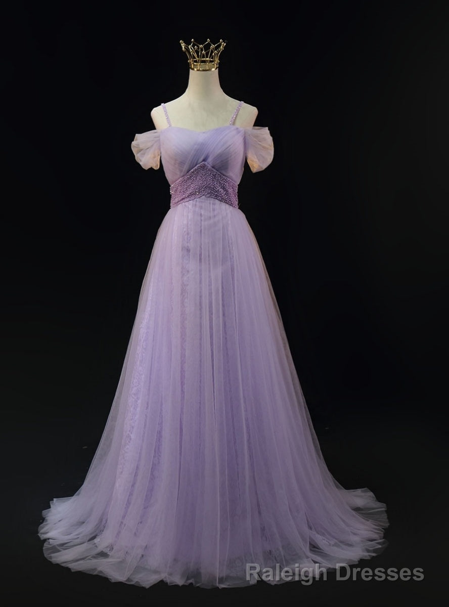 Purple Tulle Spaghetti Straps Beading Prom Dress