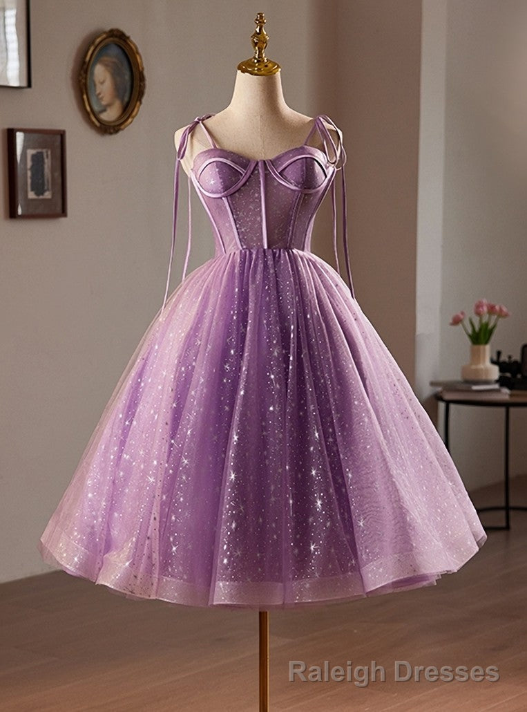 Purple Tulle Spaghetti Straps Tea Length Homecoming Dress Main image
