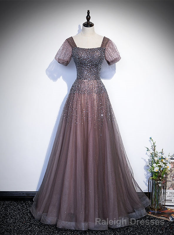 Purple Tulle Square Short Sleeve Beading Prom Dress Main image