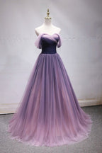 Purple Tulle Sweetheart Gradient Off Shoulder Long Prom Dresses A-Line Tulle Prom Dresses Prom Dresses