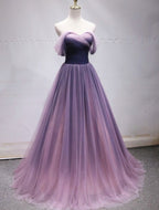 Purple Tulle Sweetheart Gradient Off Shoulder Long Prom Dresses A-Line Tulle Prom Dresses Prom Dresses
