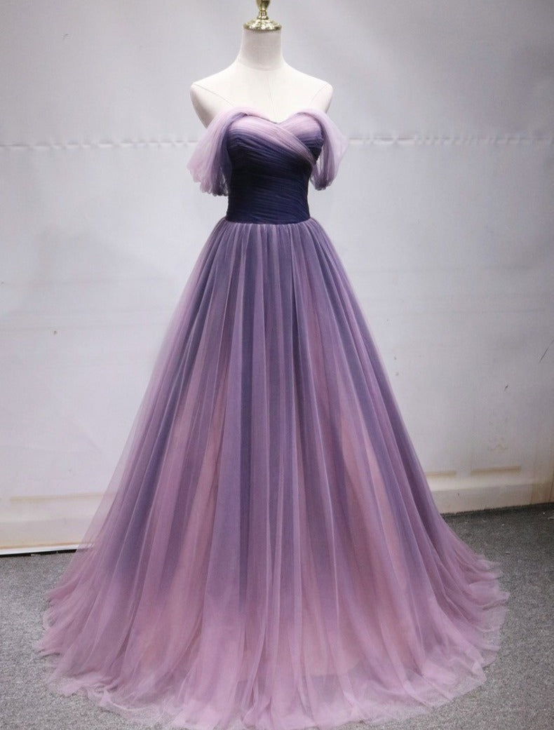 Purple Tulle Sweetheart Gradient Off Shoulder Long Prom Dresses A-Line Tulle Prom Dresses Prom Dresses