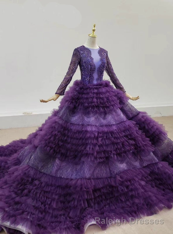 Purple Tulle Tiers Long Sleev See Through V-neck Wedding Dress Main image