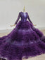 Purple Tulle Tiers Long Sleev See Through V-neck Wedding Dress