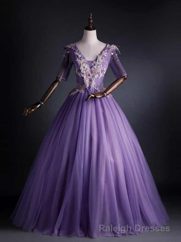 Purple Tulle V Neck Appliques Short Sleeve Quinceanera Dress