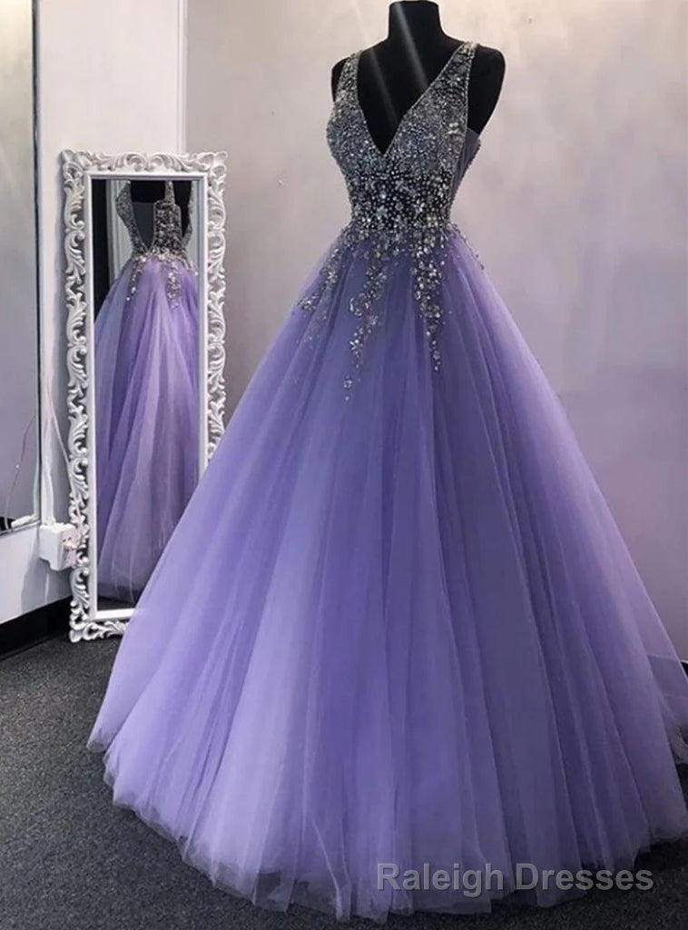 Purple Tulle V-neck Beading Prom Dress Main image