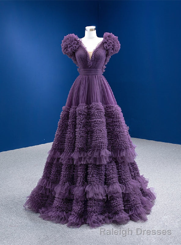 Purple Tulle V-neck Pleats Prom Dress
