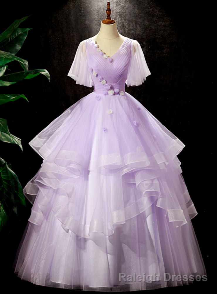 Purple Tulle V-neck Pleats Quinceanera Dress Main image