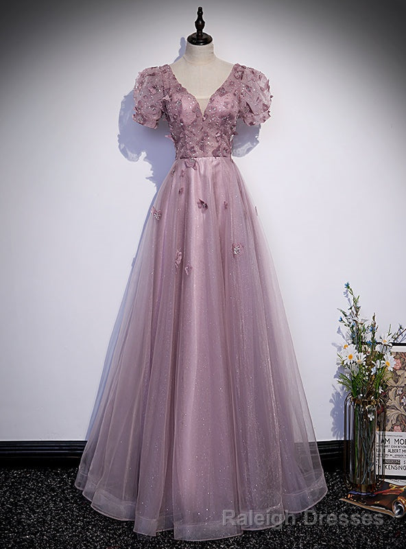 Purple Tulle V-neck Puff Sleeve Appliques Prom Dress