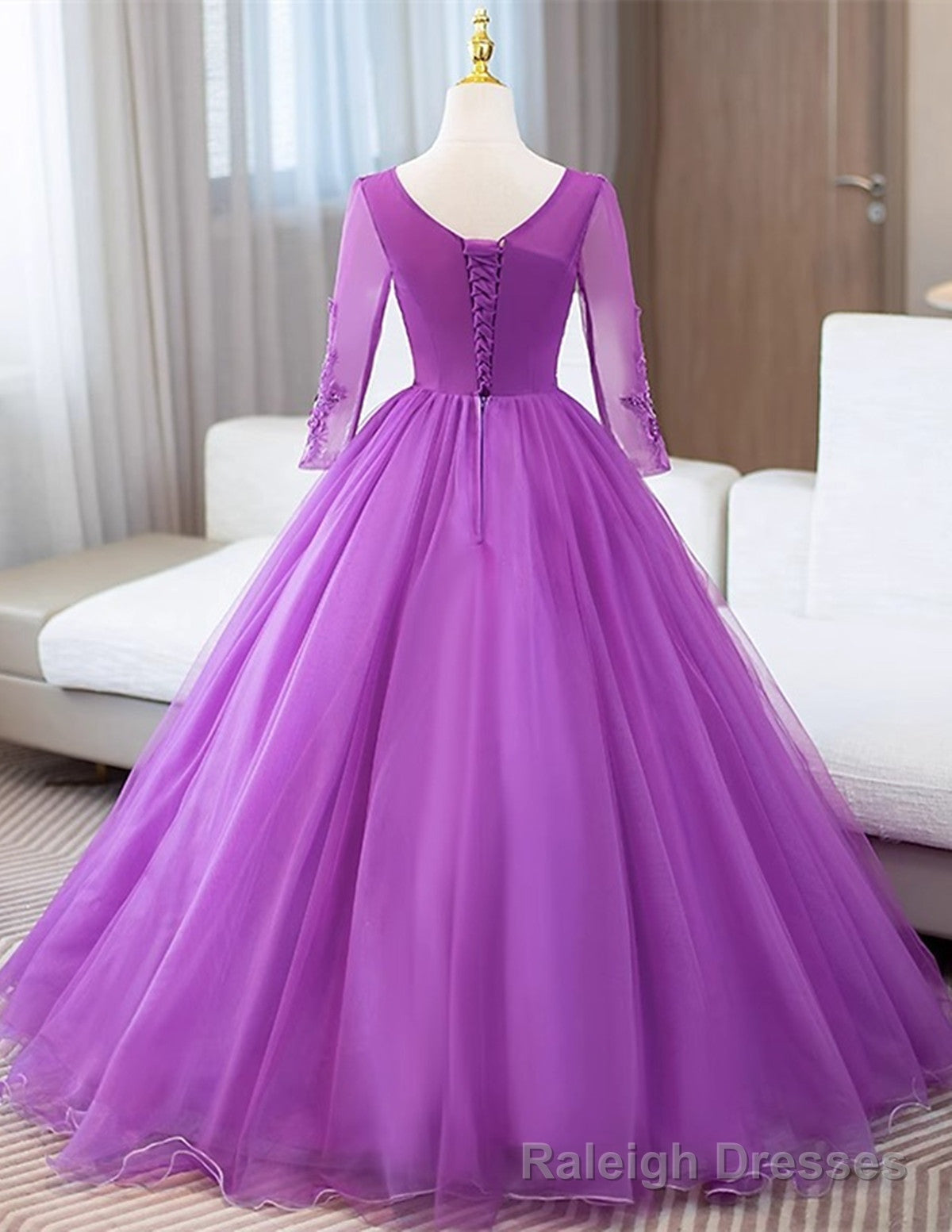 Purple Tulle with Lace Applique Long Sleeves Prom Dress, Purple Tulle Prom Dress
