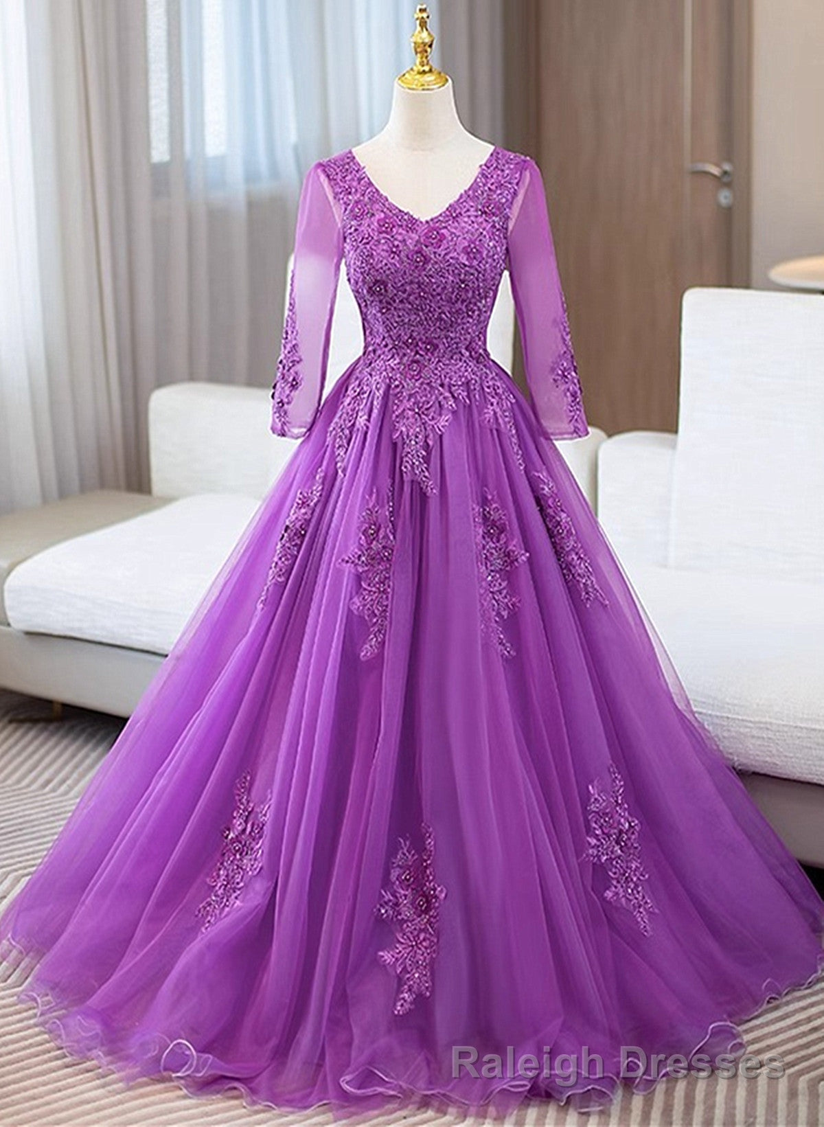 Purple Tulle with Lace Applique Long Sleeves Prom Dress, Purple Tulle Prom Dress Main image