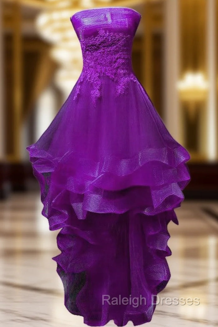 Purple Tulle With Lace High Low Party Dress Formal Dress, Purple Homecoming Dresses Main image
