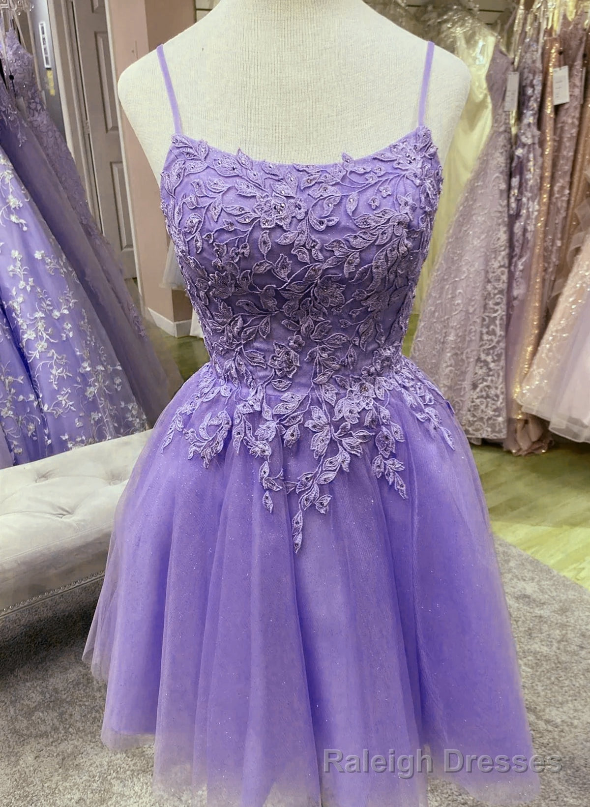 Purple Tulle with Lace Short Straps Homecoming Dress, Purple Short Prom Dress Main image