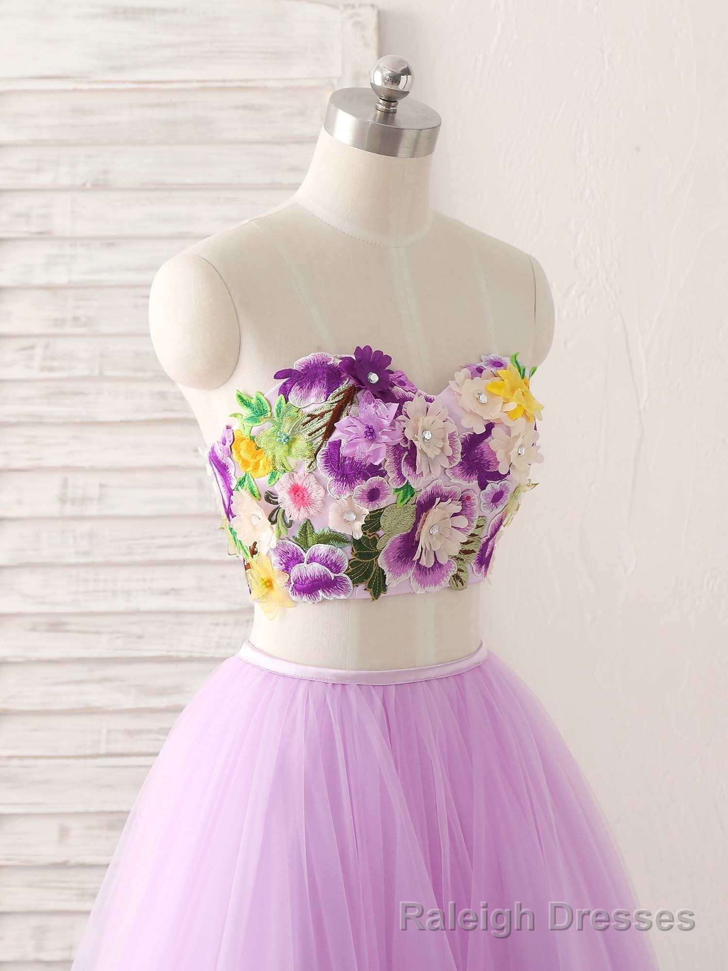 Purple Two Pieces Applique Tulle Long Prom Dress Purple Prom Dress