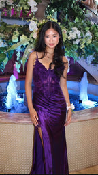 Purple V-Neck Appliques Lace Prom Dresses With Side Slit