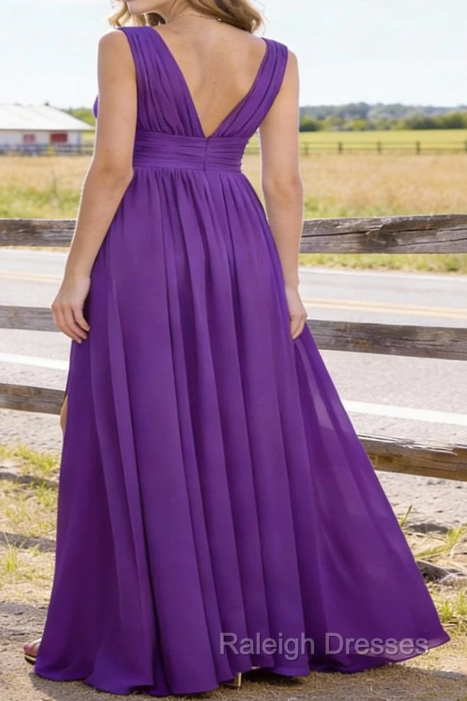 Purple V Neck Chiffon Floor Length Bridesmaid Dress Long Bridesmaid Dresses With Pleated Split Secondary image