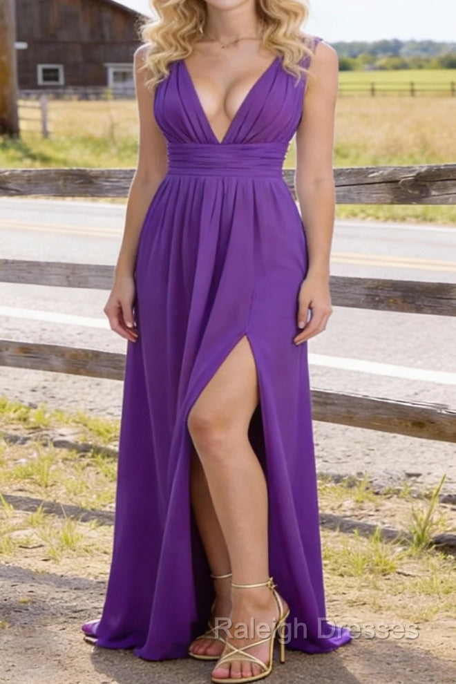 Purple V Neck Chiffon Floor Length Bridesmaid Dress Long Bridesmaid Dresses With Pleated Split Main image