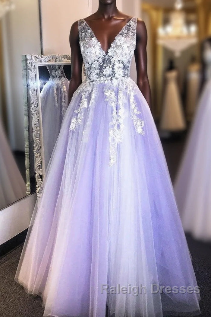 Purple v neck lace applique long prom dress purple formal dress Main image