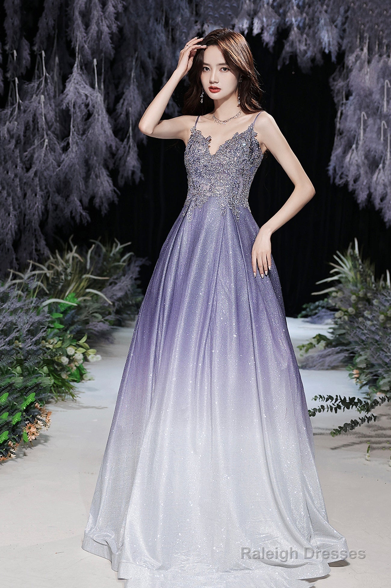 Purple V-Neck Lace Long Prom Dress, Purple Gradient Party Dress With Pockets Secondary image