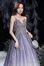 Purple V-Neck Lace Long Prom Dress, Purple Gradient Party Dress With Pockets