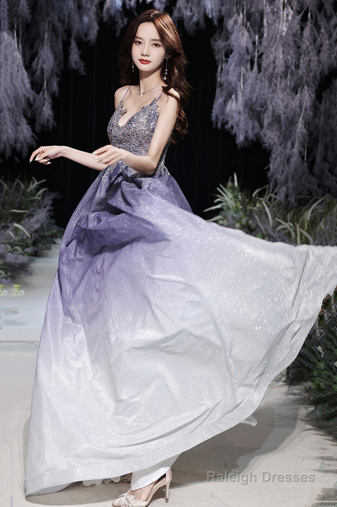 Purple V-Neck Lace Long Prom Dress, Purple Gradient Party Dress With Pockets