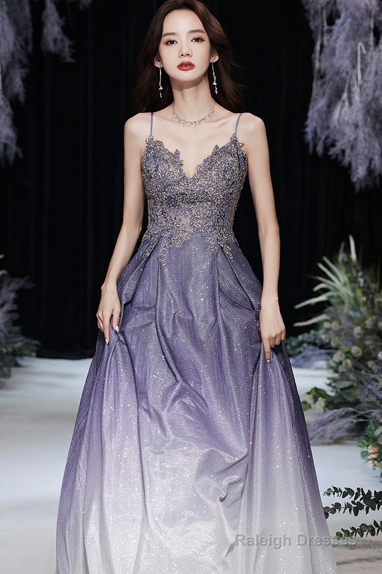 Purple V-Neck Lace Long Prom Dress, Purple Gradient Party Dress With Pockets